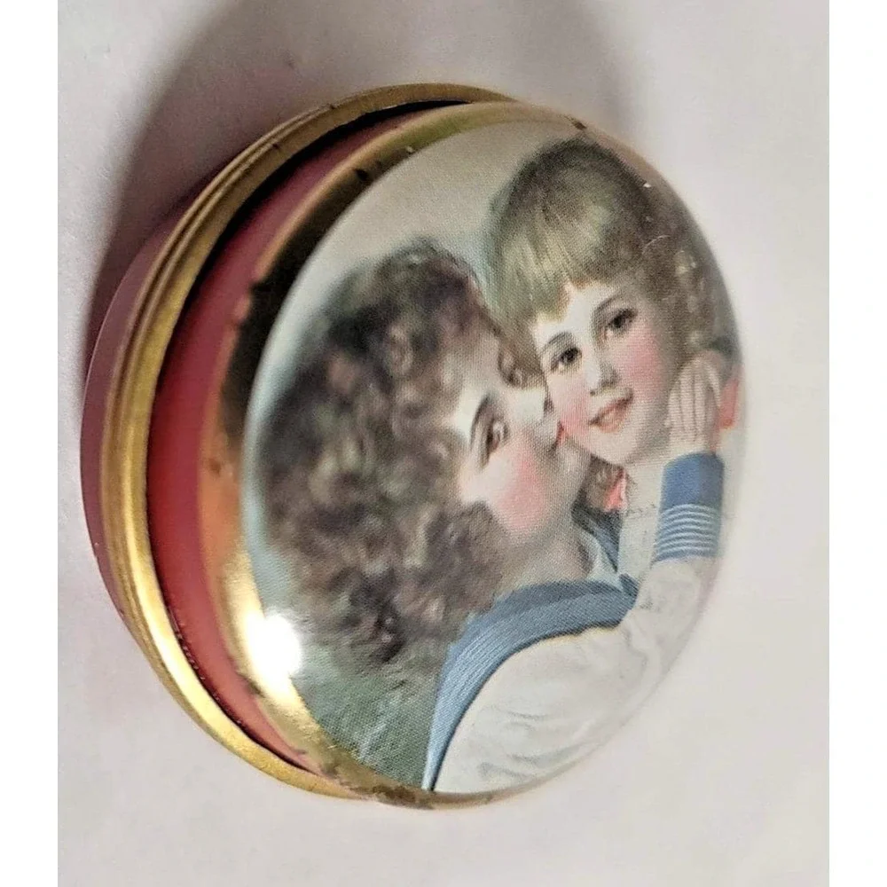 Small Victorian Children Round Metal Pill‎ Box Red Gold Tone Trinket Container